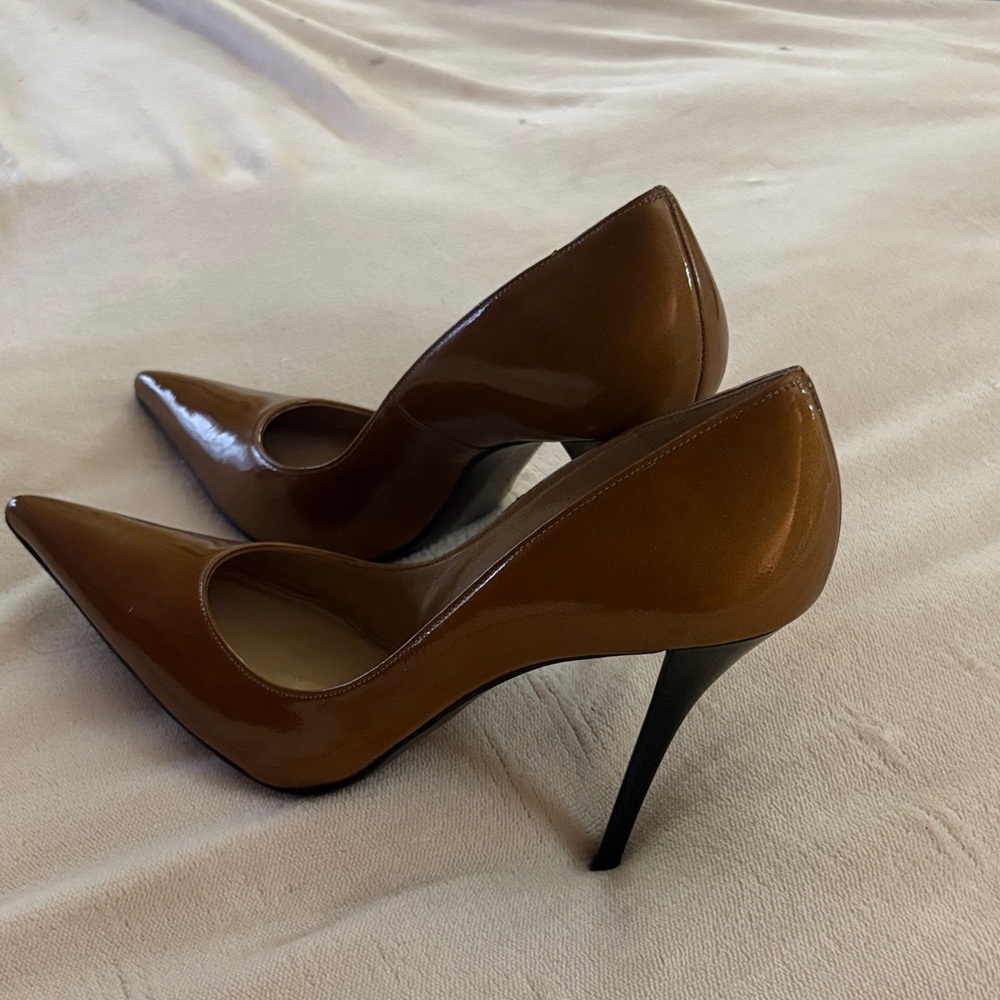 Stuart Weitzman Brown Patent Pointed-Toe Stiletto Pumps